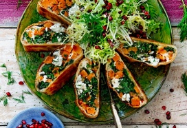 Zoete-aardappelkoek met spinazie en geitenkaas