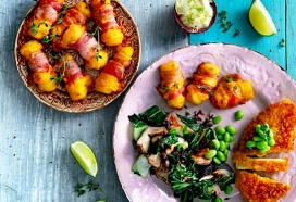 Crispy chicken met bacon-cheddar aardappelkroketjes en sojaboontjes